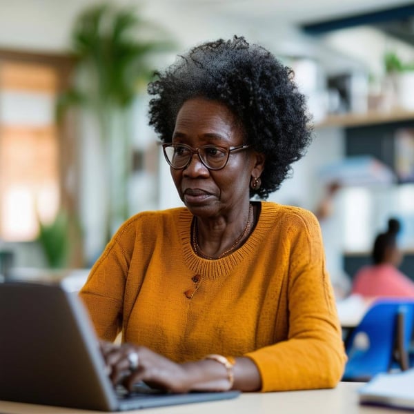 Older African Female teacher watching webinar on laptop classroom