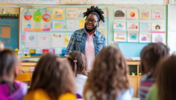 Teacher in front of diverse classroom of 3rd graders